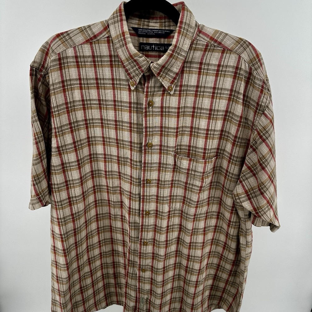 NAUTICA Linen Button Plaid Shirt Men Large Preppy Light Casual Beach Lounge Tan